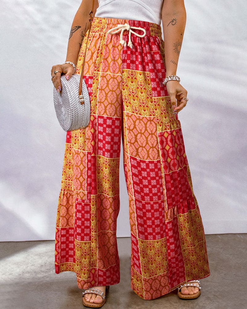 Damen Palazzo Hose – High Waist – Weites Bein – Boho Print – Verstellbarer Bund