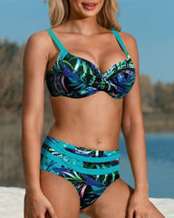 Damen Bikini Set – Figurbetont – Twist-Top – High-Waist – Tropisches Blattmuster