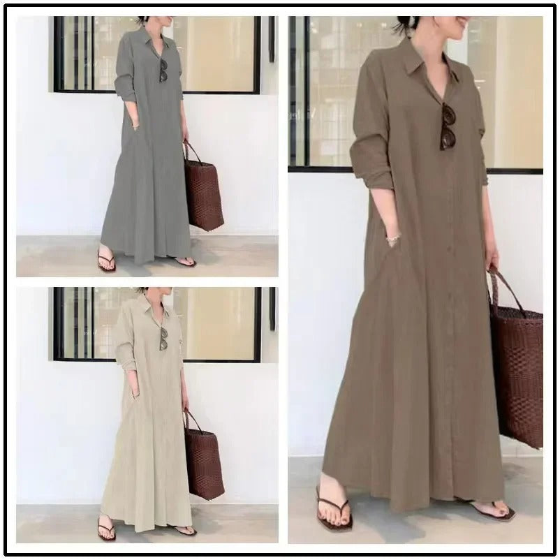 Damen Freizeitkleid – Lockere Passform – Knopfleiste – Mit Taschen – Atmungsaktiver Stoff