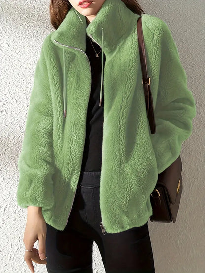 Damen Teddy Mantel – Plüschfleece – Oversized Schnitt – Hoher Kragen mit Kordelzug