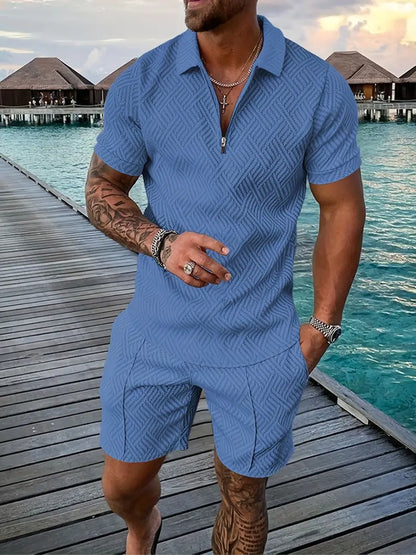 Herren Polo Set – Slim Fit – Atmungsaktives Gewebe – Reißverschlusskragen – Freizeitlook