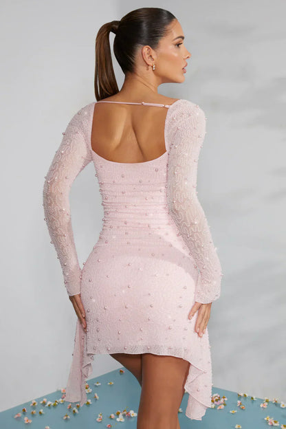 Damen Minikleid – Figurbetont – Sheer Glitzerstoff – Lange Ärmel – Raffung – Karreeausschnitt