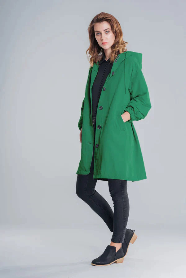Damen Regenjacke – Wasserdicht – Lockerer Schnitt – Mit Kapuze – Hüftlang – Knopfverschluss