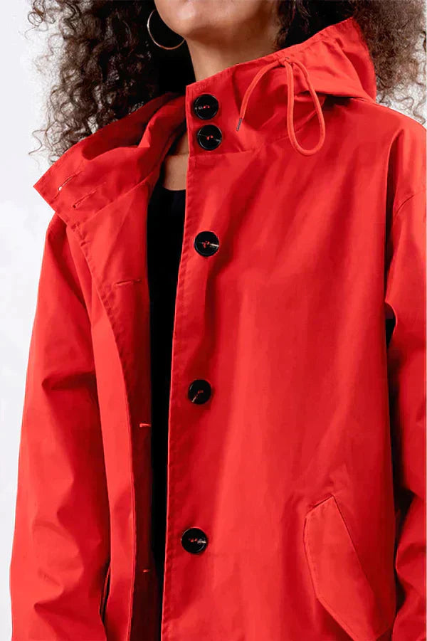 Damen Regenjacke – Wasserdicht – Lockerer Schnitt – Mit Kapuze – Hüftlang – Knopfverschluss
