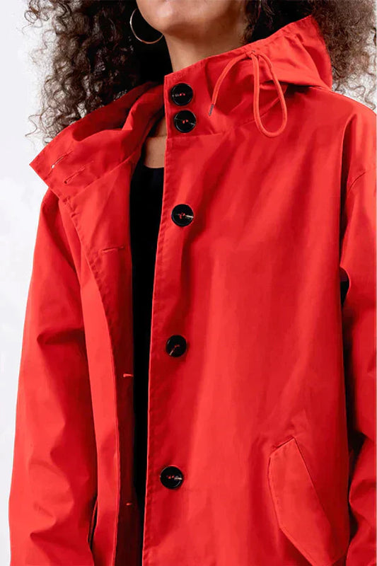 Damen Regenjacke – Wasserdicht – Lockerer Schnitt – Mit Kapuze – Hüftlang – Knopfverschluss