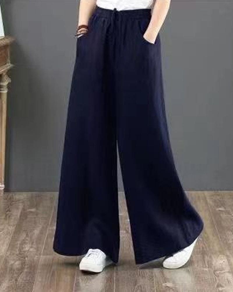 Damen Weite Hose – Luftiges Gewebe – Elastischer Bund – Langer Lockerer Schnitt