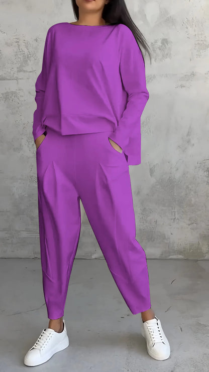 Damen Zweiteiler Set – Lockerer Schnitt – Langarmshirt & Haremshose – Atmungsaktives Material