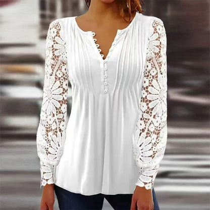 Damen Bluse – Lockerer Schnitt – V-Ausschnitt mit Zierknöpfen – 3/4-Ärmel – Blumenmuster – Atmungsaktives Gewebe
