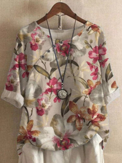 Damen Bluse – Lockerer Schnitt – Rundhals – Halbarm – Floral – Atmungsaktives Material