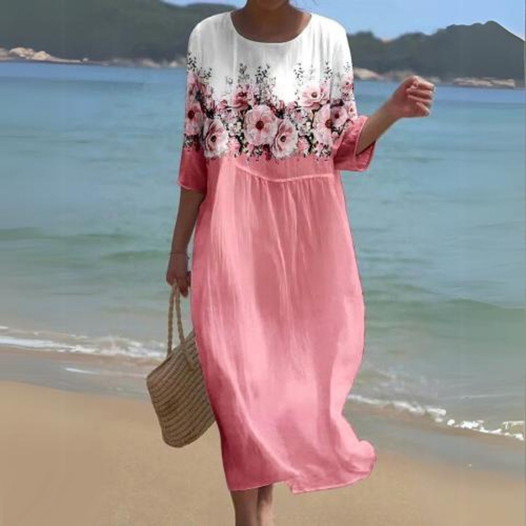 Damen Midi Kleid – Fließender Schnitt – Atmungsaktives Gewebe – Blumenmuster