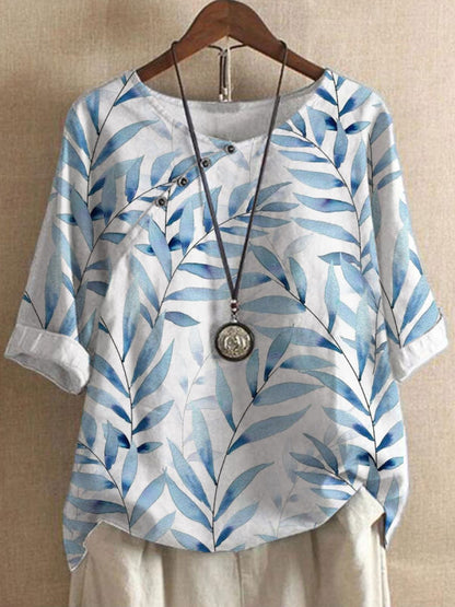 Damen Bluse – Lockerer Schnitt – 3/4 Arm – Atmungsaktives Material – Asymmetrischer Knopfabschluss
