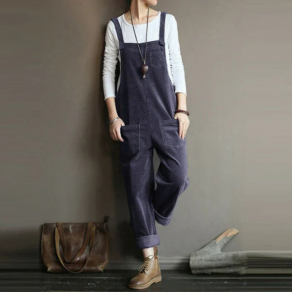Damen Jumpsuit – Lockerer Schnitt – Cord-Optik – Verstellbare Träger – Langform