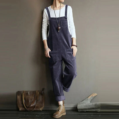 Damen Jumpsuit – Lockerer Schnitt – Cord-Optik – Verstellbare Träger – Langform