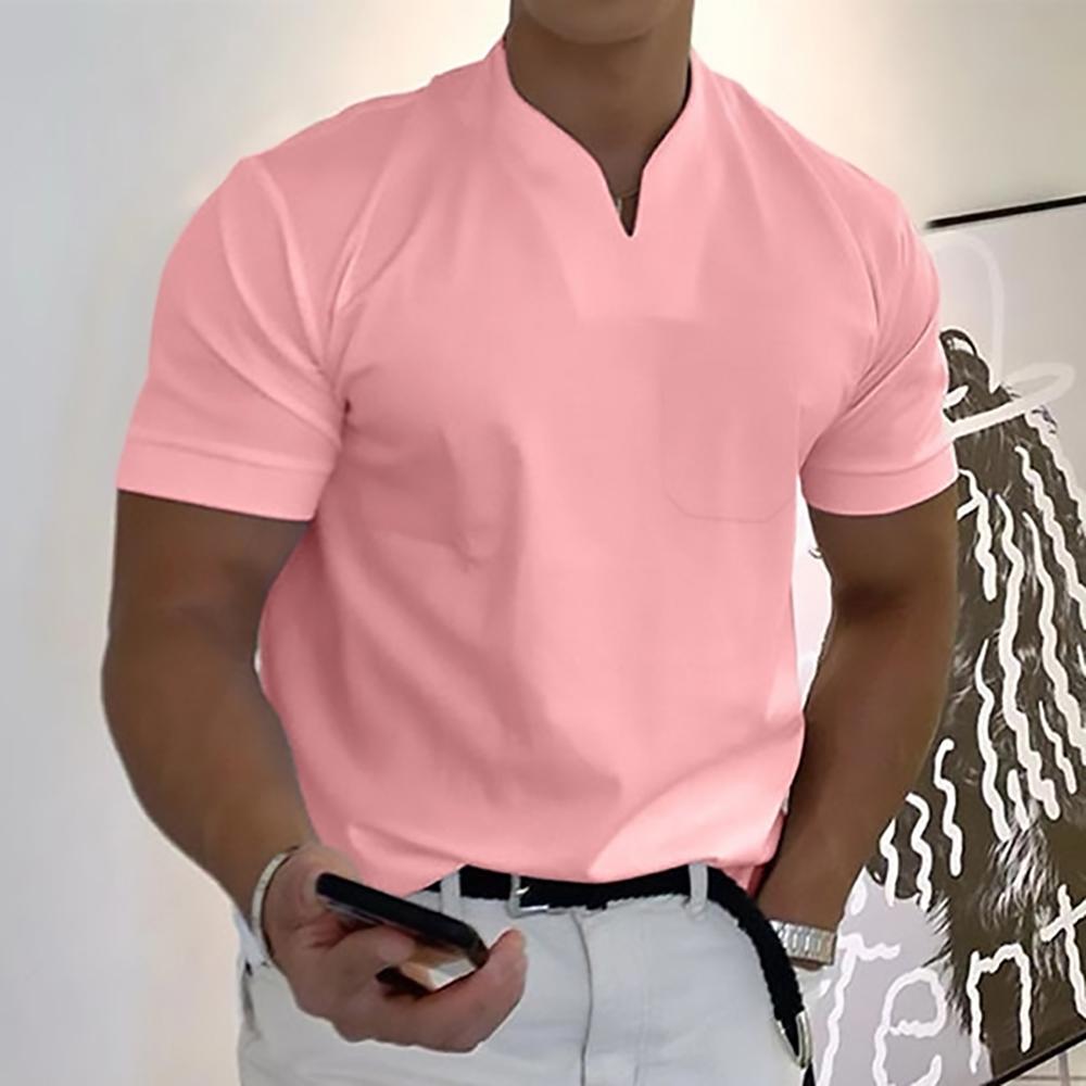 Herren Kurzarmhemd – Slim Fit – Atmungsaktives Gewebe – Stehkragen – V-Ausschnitt