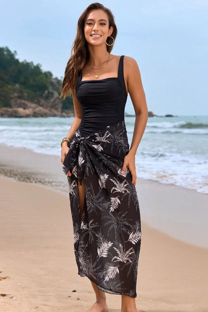 Damen Badeanzug Set – Figurbetont – Floralmuster – Quadratausschnitt – Wickelrock