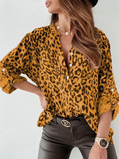 Damen Bluse – Lockerer Schnitt – Knopfleiste – Atmungsaktiver Stoff – Leopardenmuster