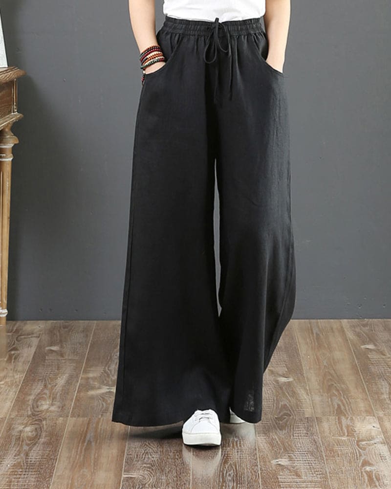 Damen Weite Hose – Luftiges Gewebe – Elastischer Bund – Langer Lockerer Schnitt