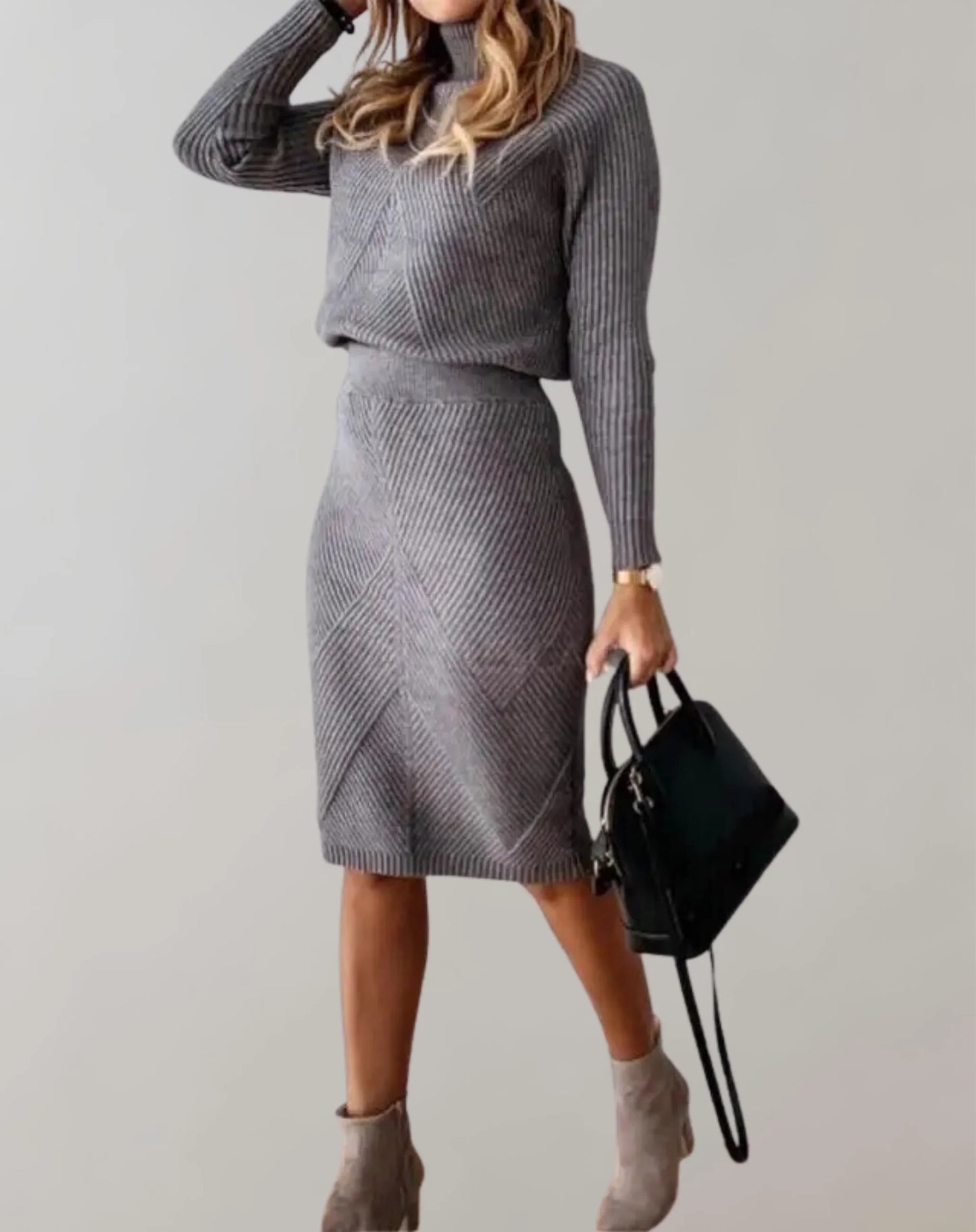 Damen Zweiteiler Set – Rippenstrick – Slim Fit – Rollkragenpullover & Midirock
