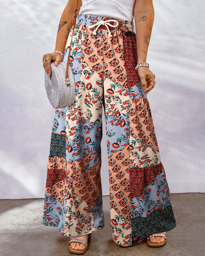 Damen Palazzo Hose – High Waist – Weites Bein – Boho Print – Verstellbarer Bund