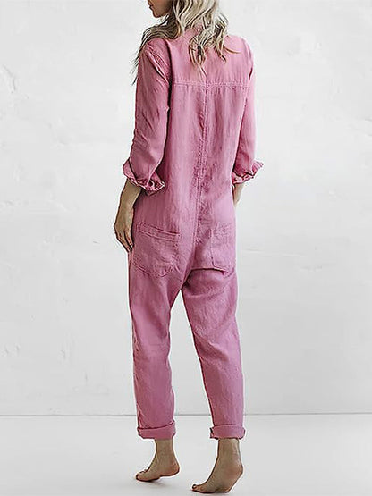 Damen Jumpsuit – Relaxed Fit – Gerade Beine – Atmungsaktive Naturfaser – Langarm mit Riegel – Knopfleiste – Hemdkragen