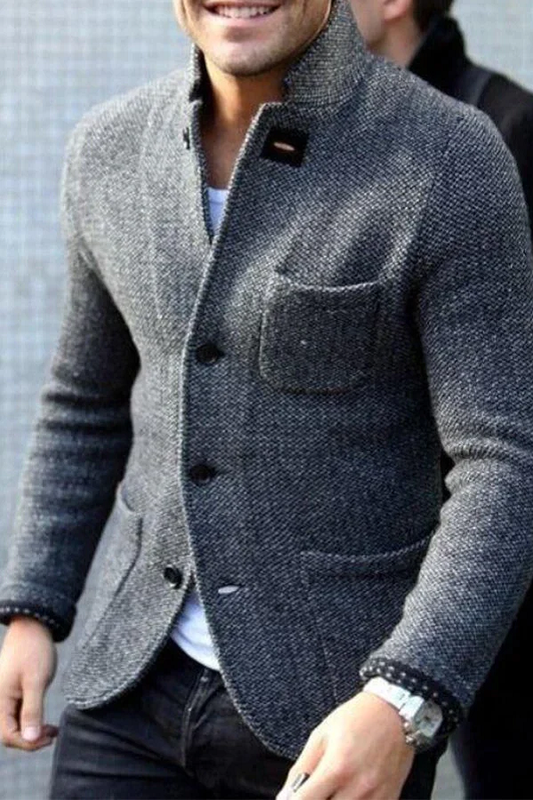 Herren Blazer – Taillierter Schnitt – Tweed-Optik – Stehkragen – Taschen vorne