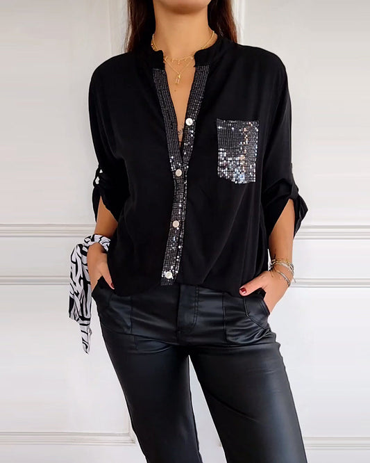 Damen Bluse – Relaxed Fit – Glitzernder Knopfverschluss – Brusttasche – Langarm
