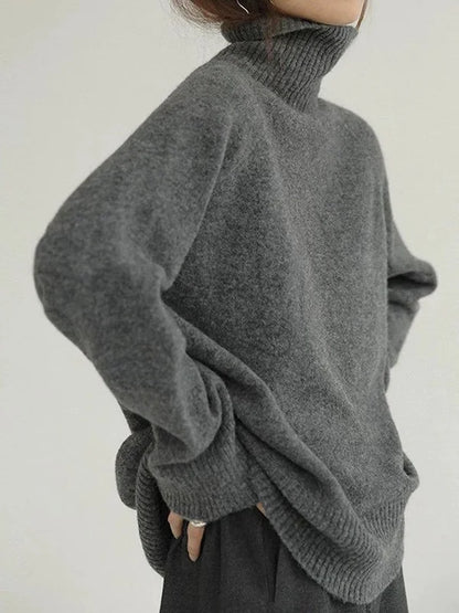 Damen Rollkragenpullover – Wollmischung – Lockerer Schnitt – Rippdetails – Hüftlang