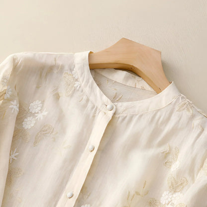 Damen Bluse – Lockerer Schnitt – Florale Stickerei – Knopfleiste – 3/4 Ärmel