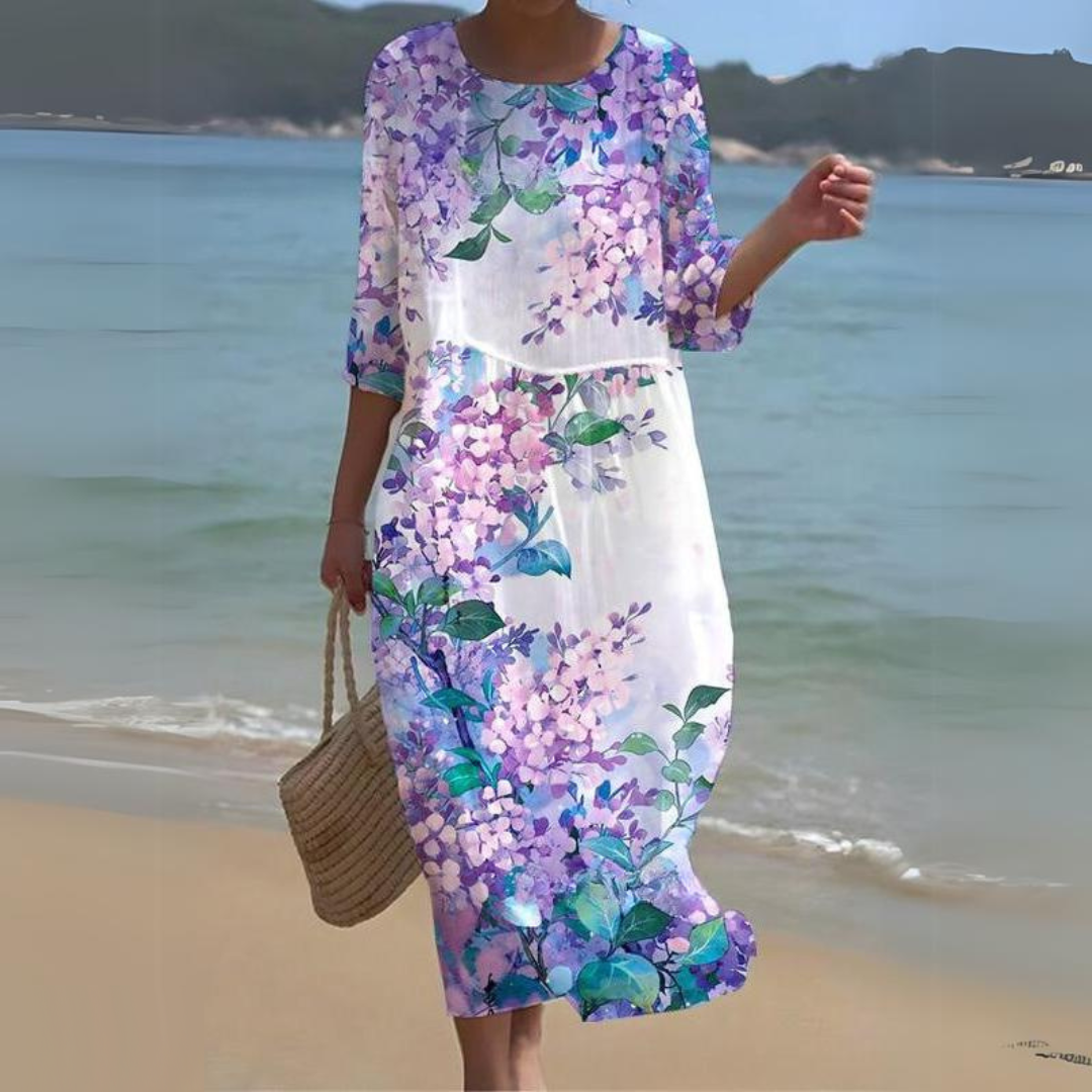 Damen Midi Kleid – Fließender Schnitt – Atmungsaktives Gewebe – Blumenmuster