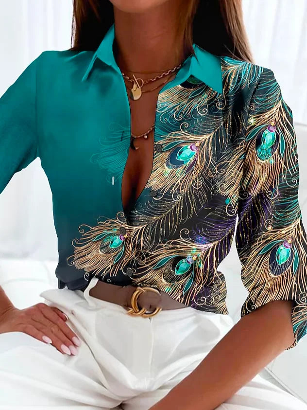 Damen Bluse – Luxusstoff – Taillierte Passform – Federprint – Knopfverschluss