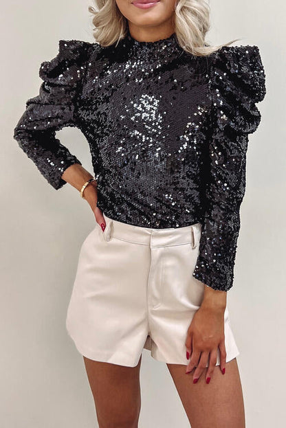 Damen Top – Figurbetont – Pailletten – Puffärmel – Stehkragen – Elegant Festlich