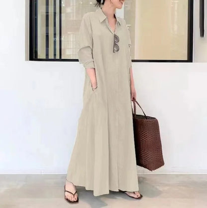 Damen Freizeitkleid – Lockere Passform – Knopfleiste – Mit Taschen – Atmungsaktiver Stoff