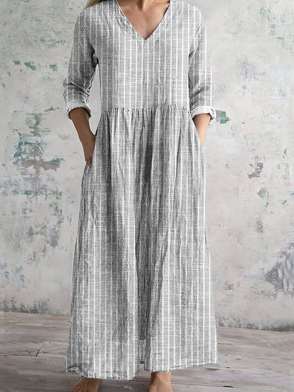 Damen Maxikleid – Naturfasern – Lockere Passform – V-Ausschnitt – Langarm – Gestreift