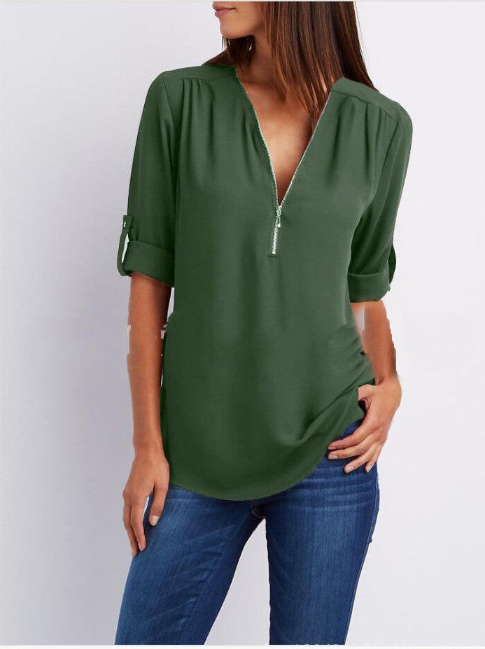 Damen Bluse – Lockerer Schnitt – Atmungsaktives Material – Half-Zip – 3/4 Ärmel