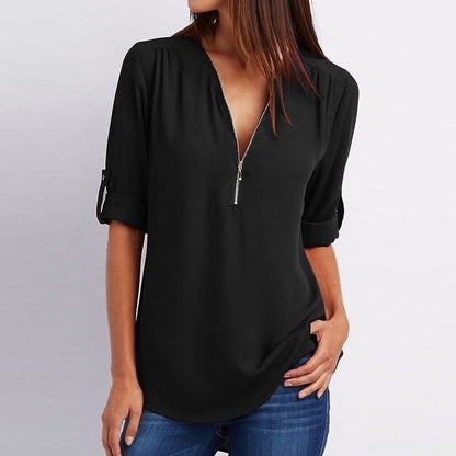 Damen Bluse – Lockerer Schnitt – Atmungsaktives Material – Half-Zip – 3/4 Ärmel