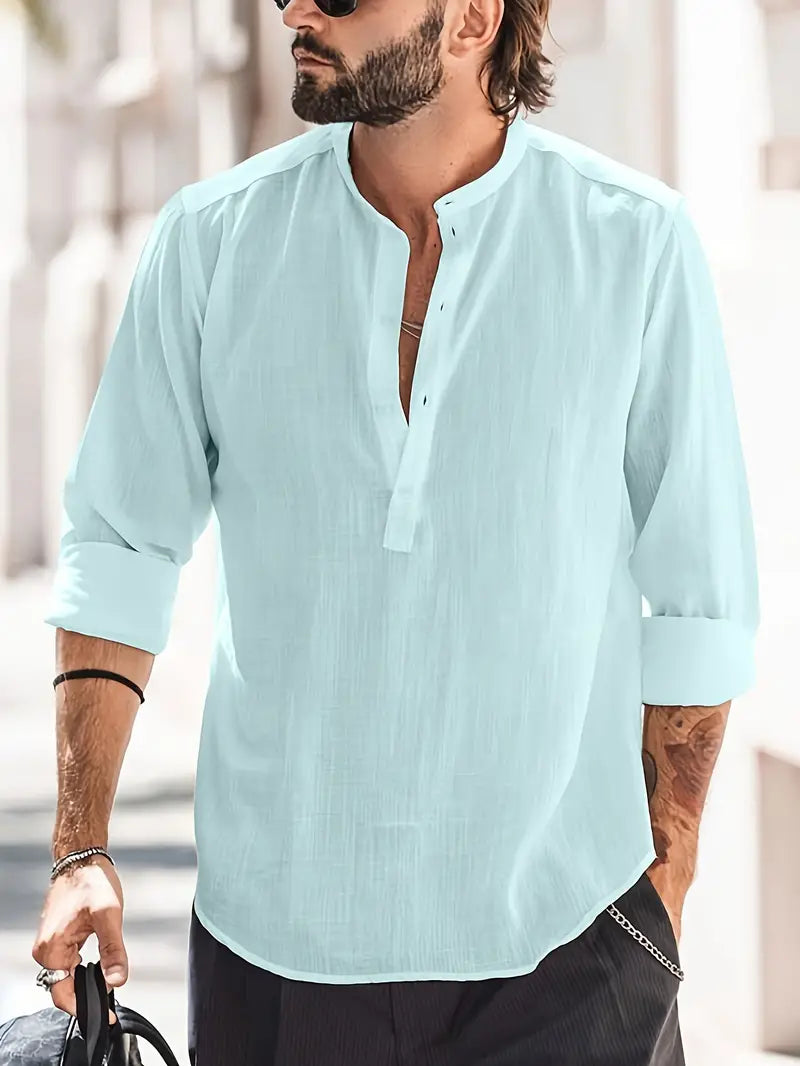 Herren Langarmhemd – Relaxed Fit – Natürliche Fasern – Stehkragen – Atmungsaktiv