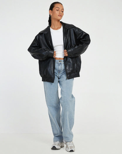 Damen Lederjacke – Oversize Passform – Strukturierter Schnitt – Hüftlanges Design