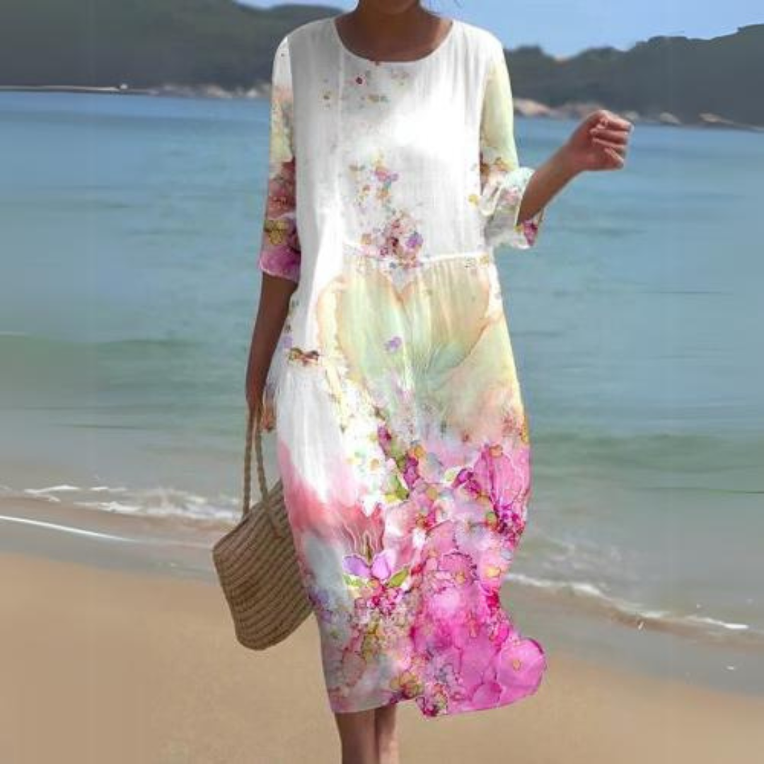 Damen Midi Kleid – Fließender Schnitt – Atmungsaktives Gewebe – Blumenmuster