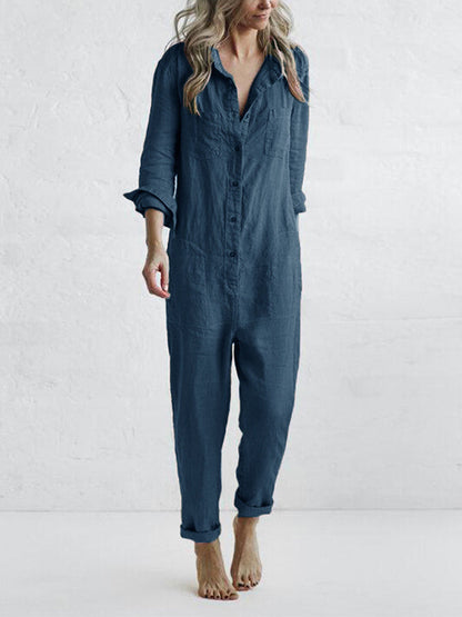 Damen Jumpsuit – Relaxed Fit – Gerade Beine – Atmungsaktive Naturfaser – Langarm mit Riegel – Knopfleiste – Hemdkragen