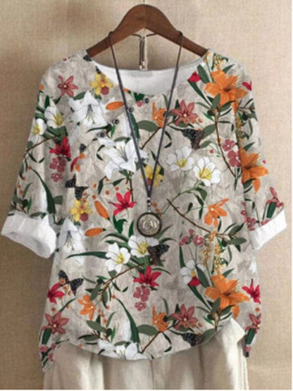 Damen Bluse – Lockerer Schnitt – Rundhals – Halbarm – Floral – Atmungsaktives Material