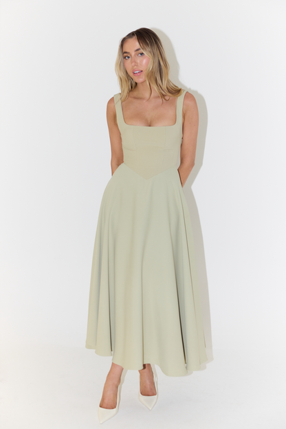 Damen Midikleid – Figurbetontes Oberteil – A-Linie – Luxusstoff – Square-Ausschnitt