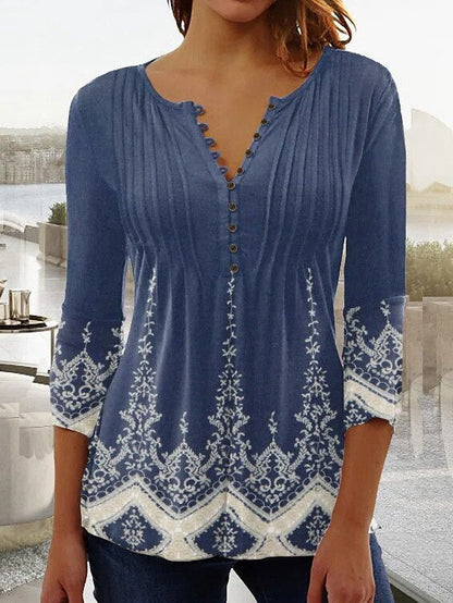 Damen Bluse – Lockerer Schnitt – V-Ausschnitt mit Zierknöpfen – 3/4-Ärmel – Blumenmuster – Atmungsaktives Gewebe