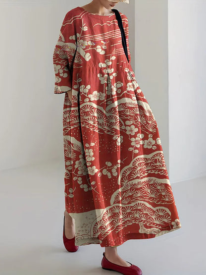 Damen Maxikleid – Lockerer Schnitt – Langarm – Luftiges Material – Künstlerischer Print