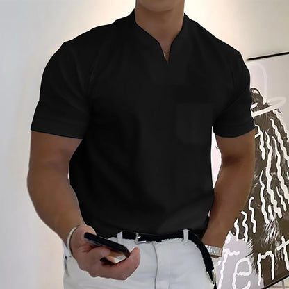 Herren Kurzarmhemd – Slim Fit – Atmungsaktives Gewebe – Stehkragen – V-Ausschnitt