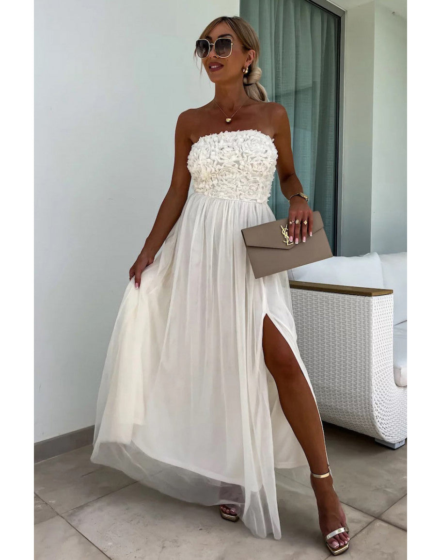Damen Maxikleid – Trägerlos – Texturiertes Oberteil – Hoher Schlitz – Elegante Passform