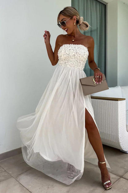 Damen Maxikleid – Trägerlos – Texturiertes Oberteil – Hoher Schlitz – Elegante Passform