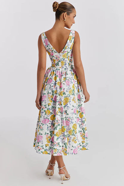 Damen Midikleid – Figurbetontes Oberteil – Ärmellos – Florales Muster – Weich fließend