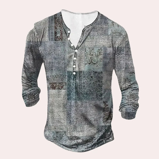Herren Pullover – Relaxed Fit – Soft Knit – Henley Kragen – Patchwork Design