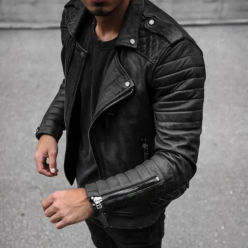 Herren Bikerjacke – Strukturierter Schnitt – Stehkragen – Asymmetrischer Zipper – Quiltdetails
