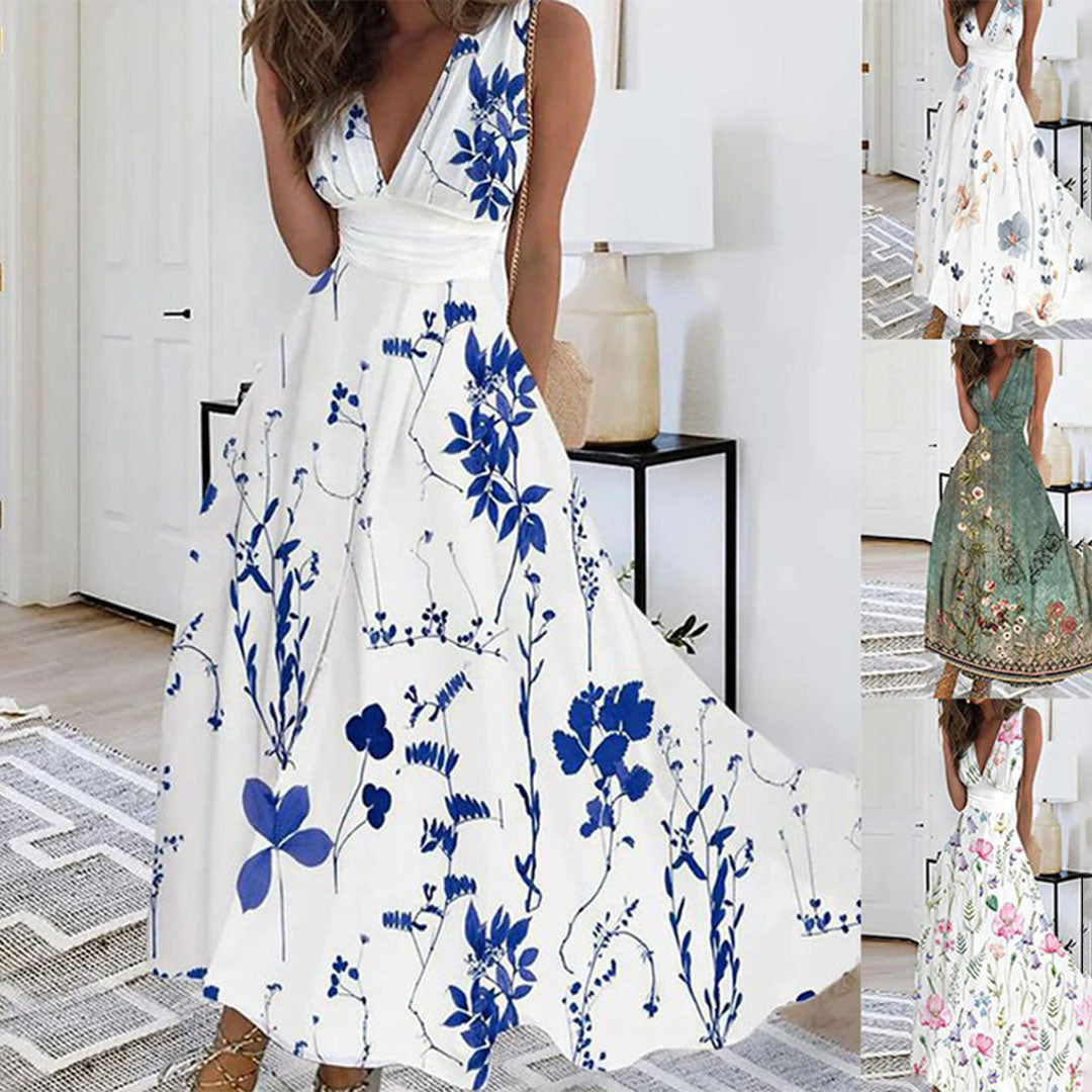 Damen Maxikleid – Luftiger Schnitt – Ärmellos – V-Ausschnitt – Blumenmuster